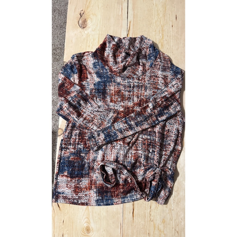 Sharagano‎ Womens XL Cowl Neck Long Sleeve Top Blue Rust Abstract Side Tie Knot